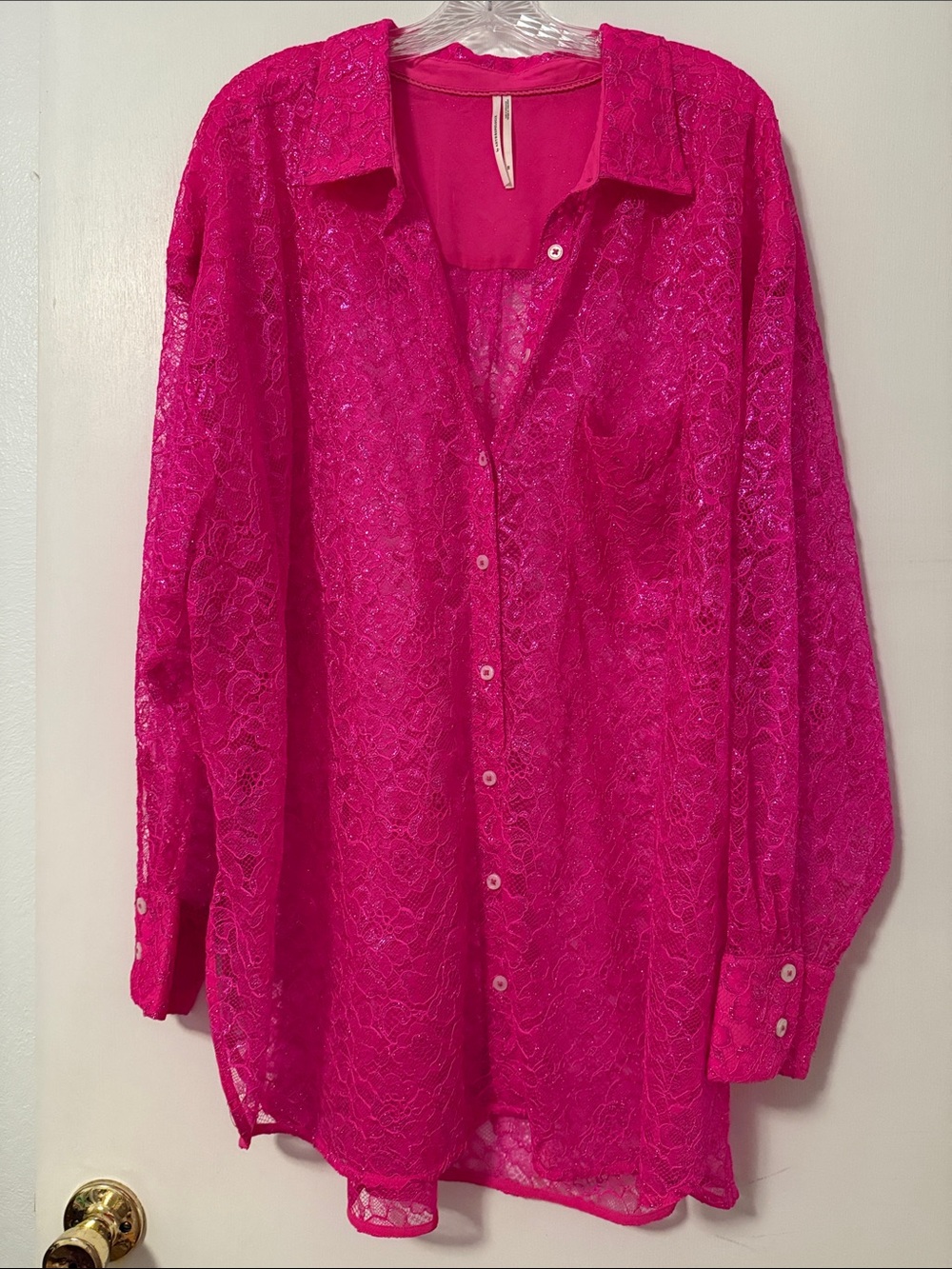 Anthro Anthropologie Glitter Lurex Hot Pink Lace Button Up Blouse Shirt Plus 3X